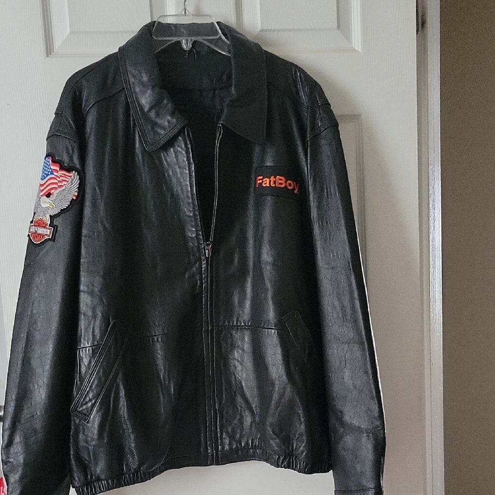 Black Leather Bomber Jacket with Patches By Harley Davidson. XXL